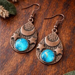 Hammered Copper Moon & Star Earrings | Boho Celestial Blue Cabochon
